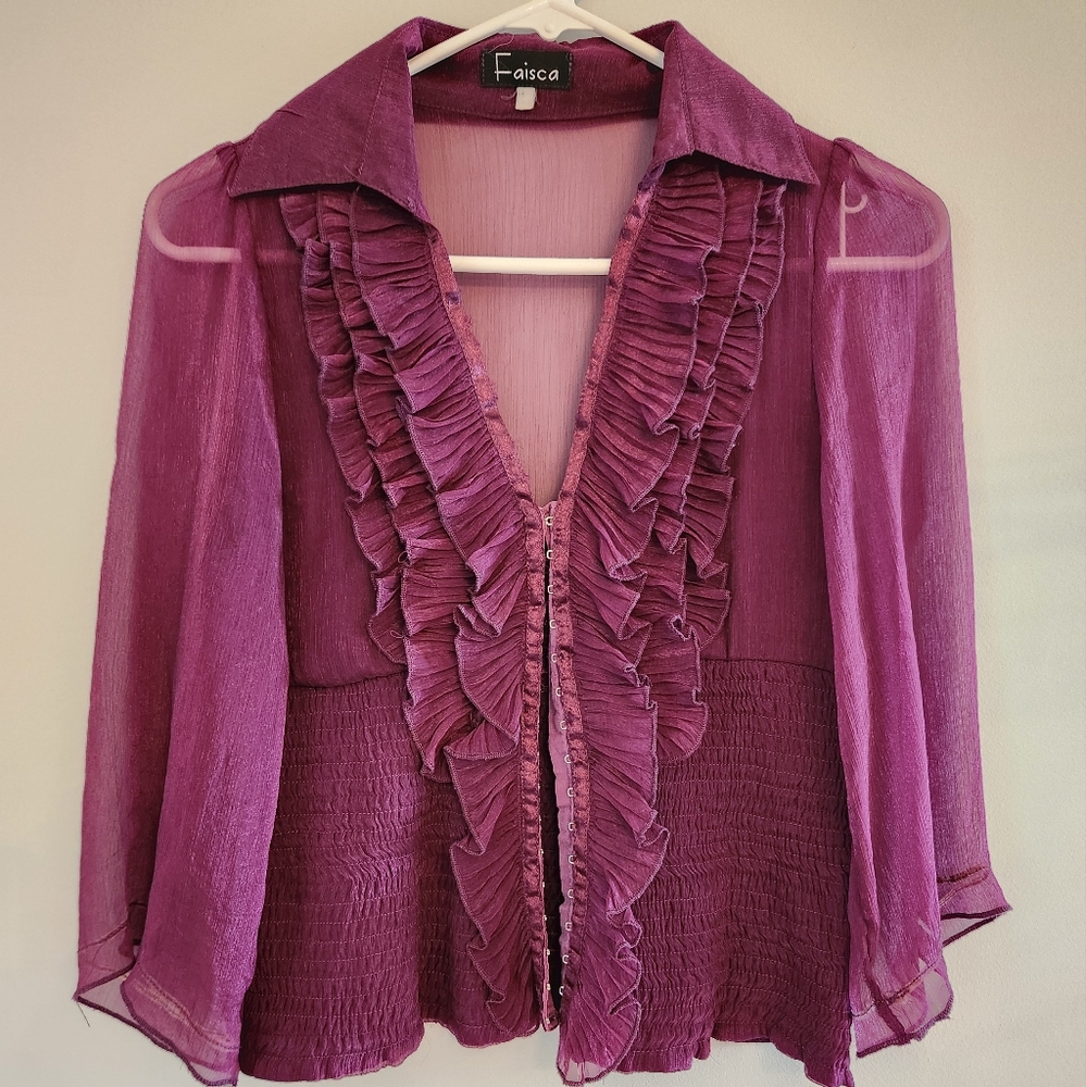 (4 For $20) FAISCA Hook and Eye Ruffle Blouse.  Raspberry color.  top XS
